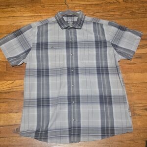 KUHL Styk Shirt Men's L Grey Plaid Button Up Tapered Fit Hiking Short Sleeve